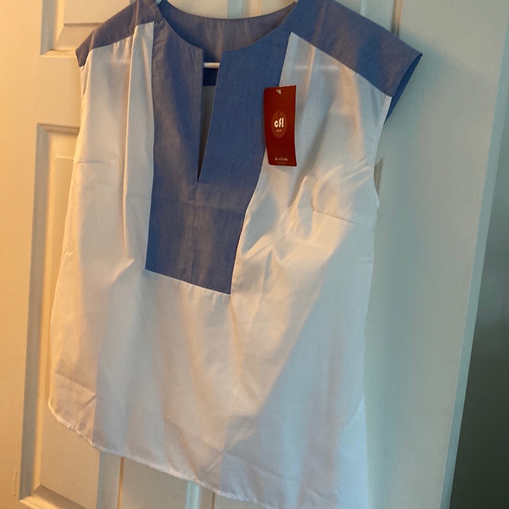 Blue and white v neck blouse